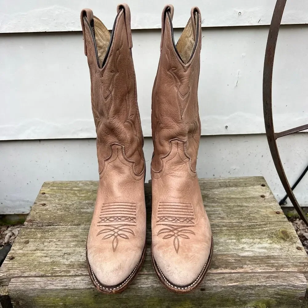 Vintage Dan Post Boots Beige Leather Cowboy Pointed Toe 6557 Mens 10 1/2 B